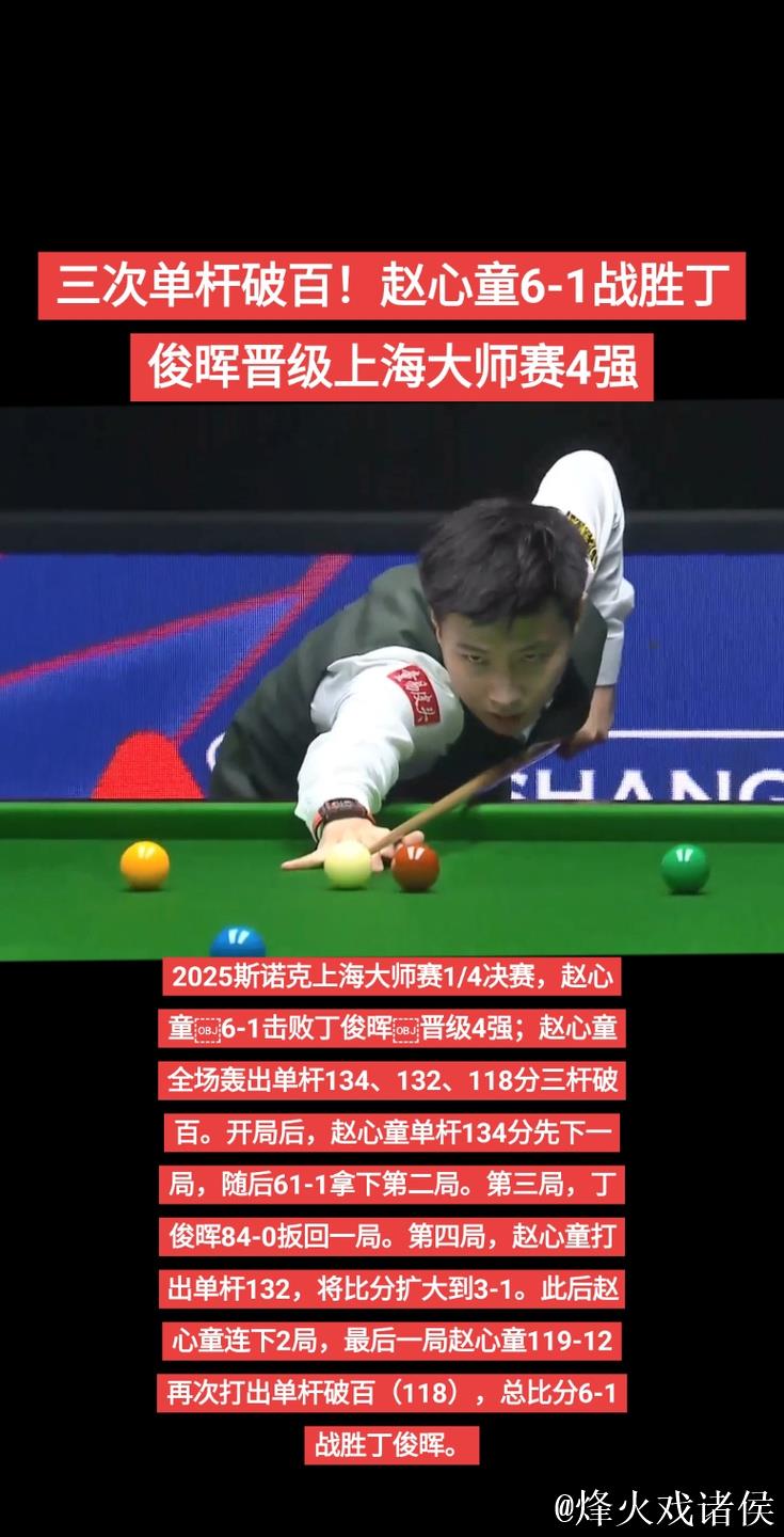 三次单杆破百！赵心童6-1丁俊晖晋级上海大师赛4强